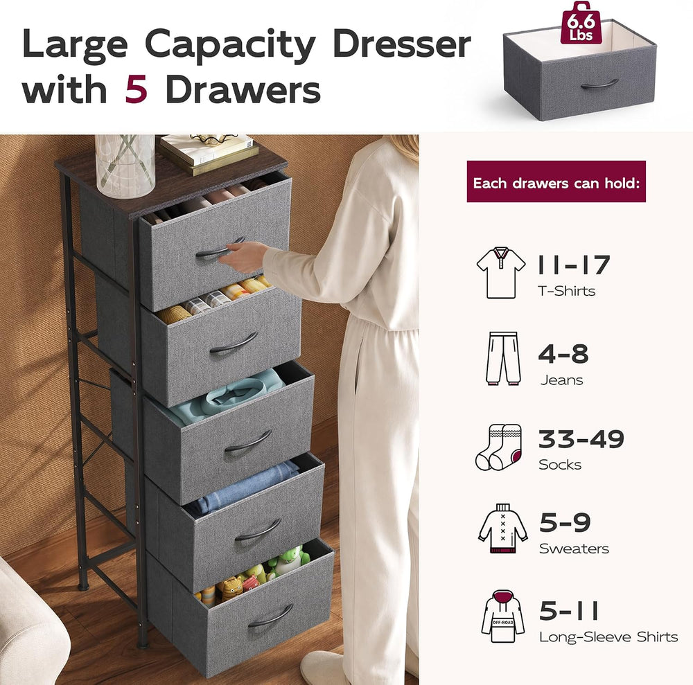 WLIVE Tall Dresser for Bedroom, 5 Drawer Dresser, Dark Grey