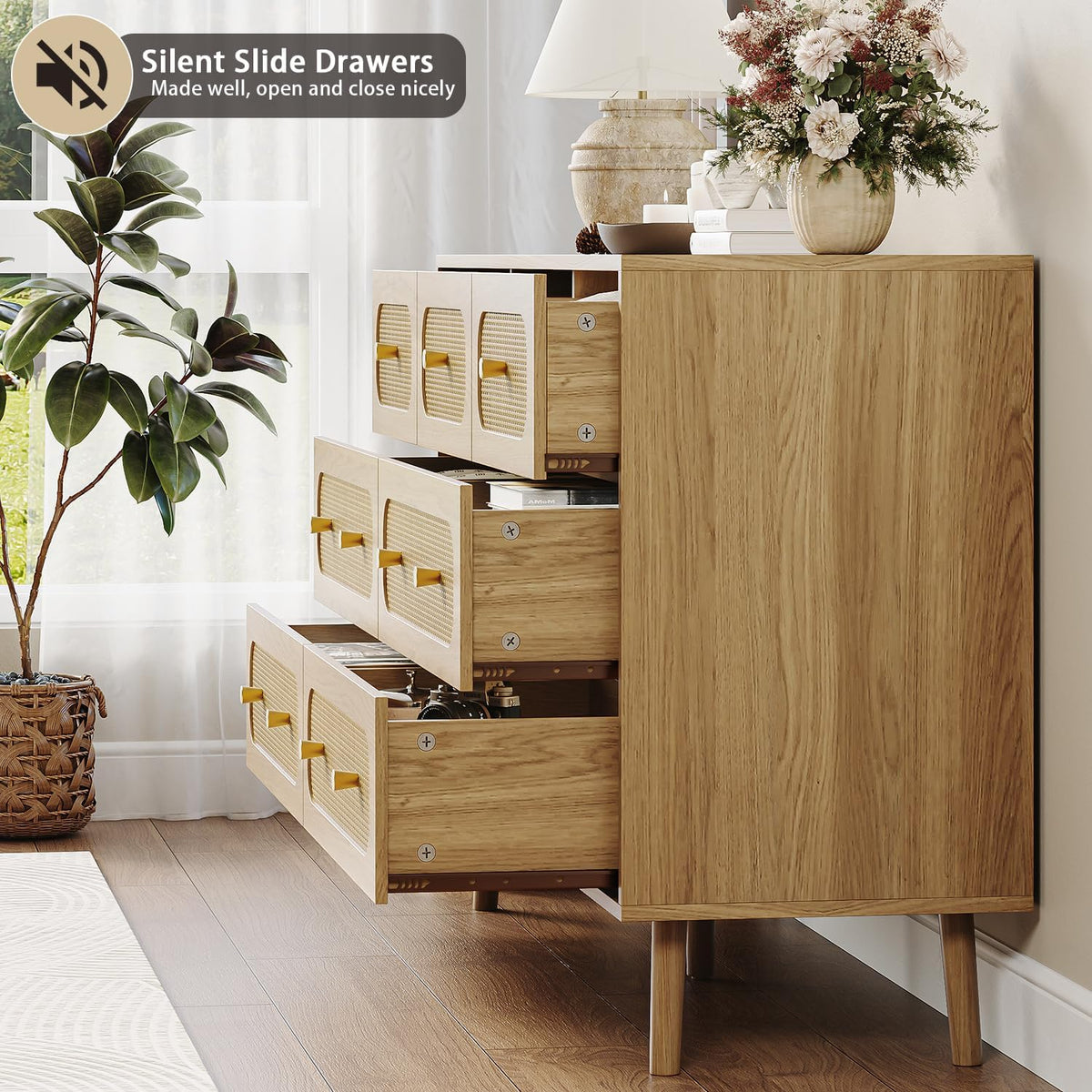 hourom 47.2“ wide rattan 7 drawer dresser with, front angle view