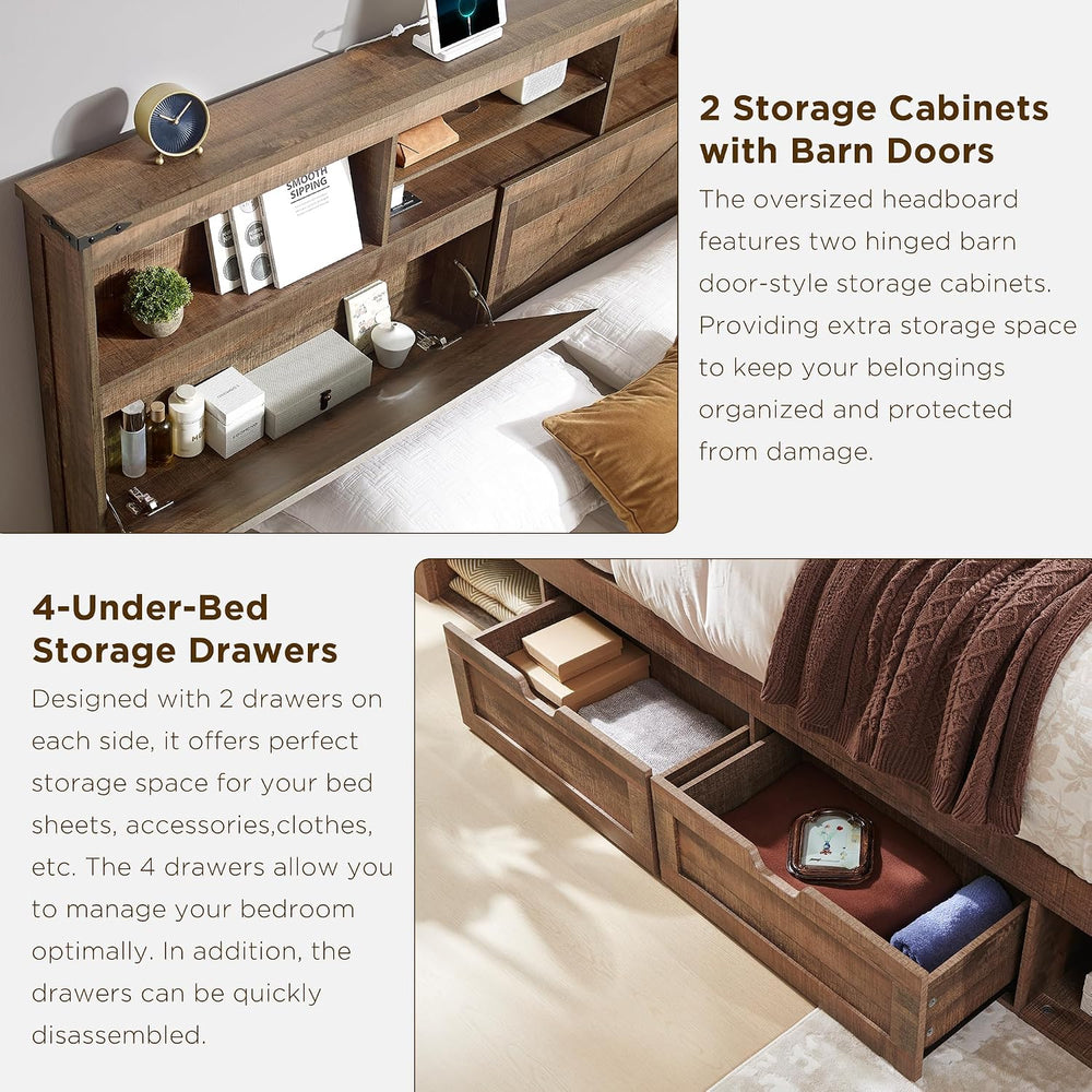 ACCOHOHO Queen Bed Frame Farmhouse with 52" Storage Bookcase Headboard, ...