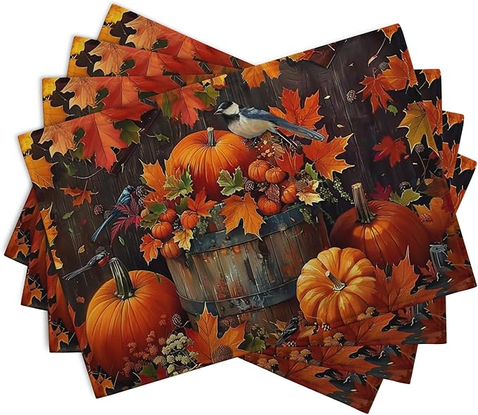 Pumpkin Maple Leaf Bird Fall Placemats Set of 4 Autumn Thanksgiving Seasonal - Image 2