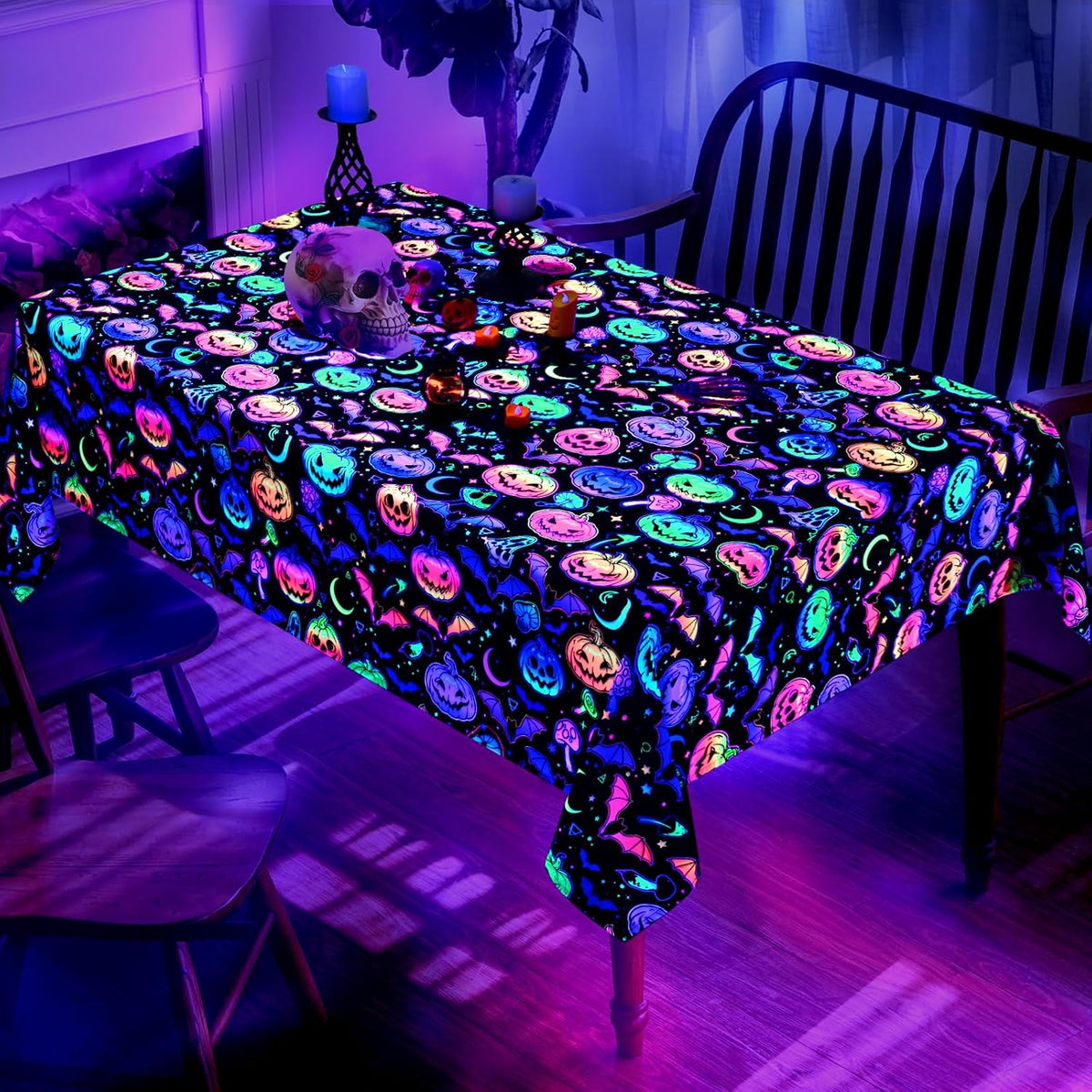 ASPMIZ Halloween Tablecloth Rectangle Table, Waterproof Blacklight Spooky Pumpkin Table Cloth, Washable Polyester UV Reactive Table Cloth Wrinkle-Free Table Cover for Halloween Decorations, 60" x 104"