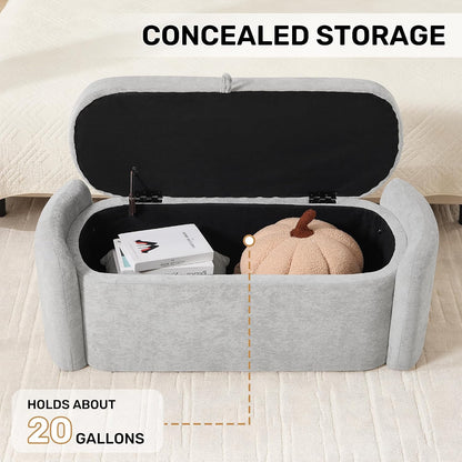 oval ottoman bench with 20 gal of storage, side view