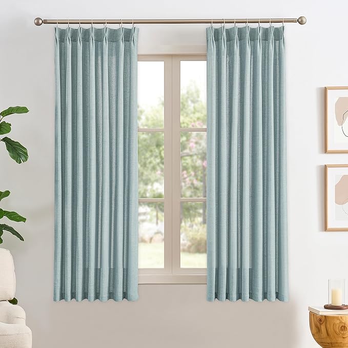 Light Blue Linen Pinch Pleat Curtains 63 Inches Long Pleated Semi Sheer by RAIN+CITY