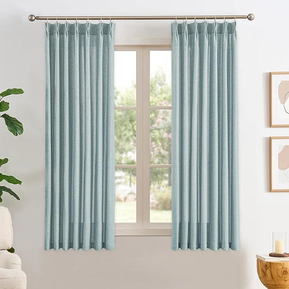 Light Blue Linen Pinch Pleat Curtains 63 Inches Long Pleated Semi Sheer by RAIN+CITY