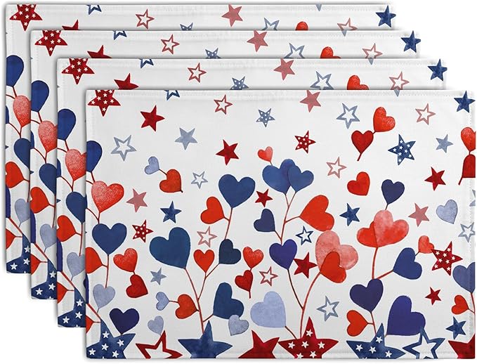 Red Blue Heart Stars 4th of July Placemats Set of 4 Patriotic America by Wnoesat