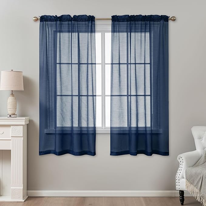 Navy Blue Sheer Curtains 63 Inch Length, Privacy Semi Sheer Curtains - Image 2