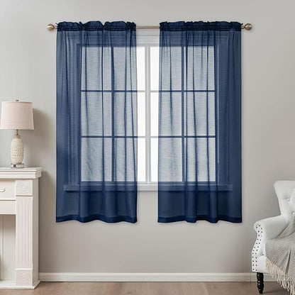 Navy Blue Sheer Curtains 63 Inch Length, Privacy Semi Sheer Curtains - Image 2