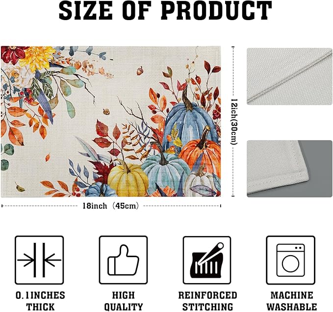 Giwawa Fall Thanksgiving Placemats Set of 4 Watercolor Autumn Pumpkins Floral - Image 4