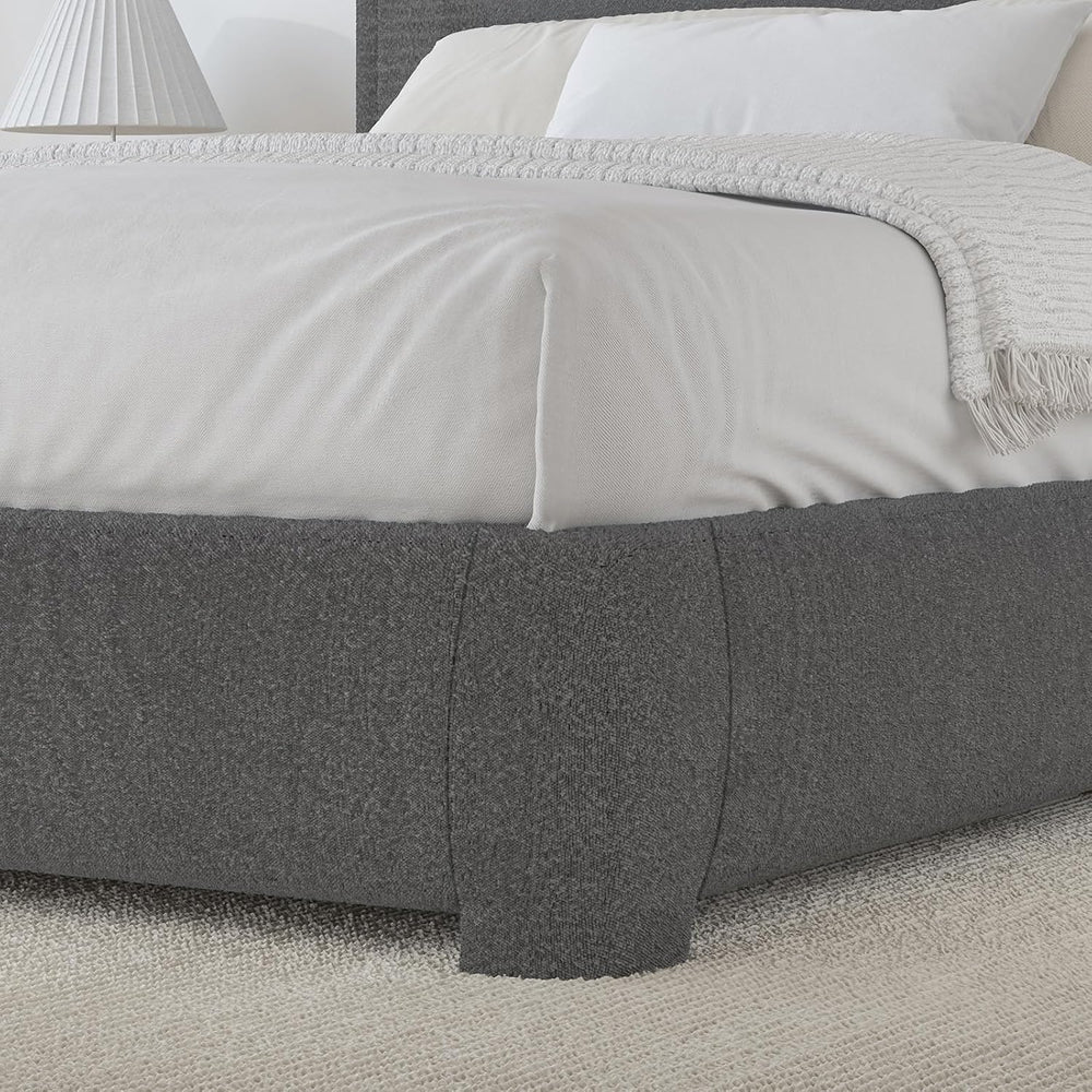 BarnFurin Full Bed Frame, Cloud Boucle Headboard, Low Profile, Dark Grey