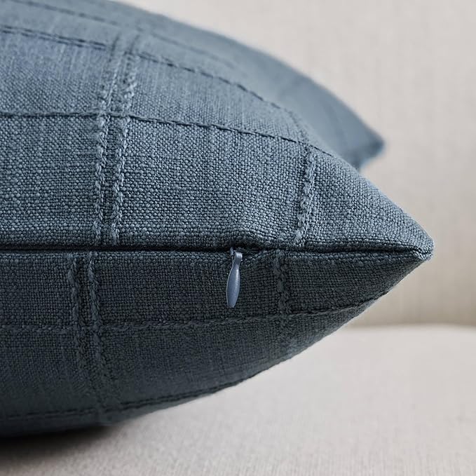 ZeeMart Linen Checked Throw Pillow Covers Set of 2, 18x18 Inch Allover Grid Navy - Image 2