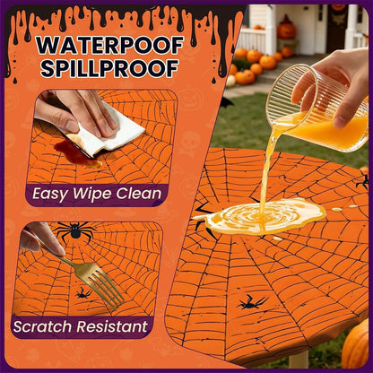 60 Inch Fall Round Waterproof Tablecloth for Dinner, Halloween Fitted Round Tablecloth with Elastic for Holiday