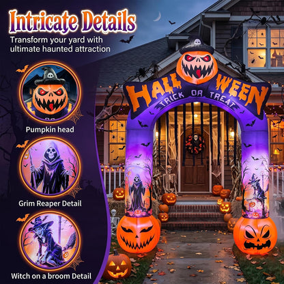 10 FT Halloween Inflatable Archway, Built-in LED Lights, Blow Up Outdoor Yard Decoration with Grim Reaper Witch Bat Patterns for Front Lawn Garden Party Décor Outdoor Holiday Party