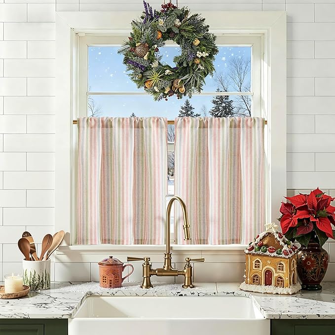 jinchan Striped Linen Kitchen Curtains 24 Inches Christmas Tier Curtains by JINCHAN