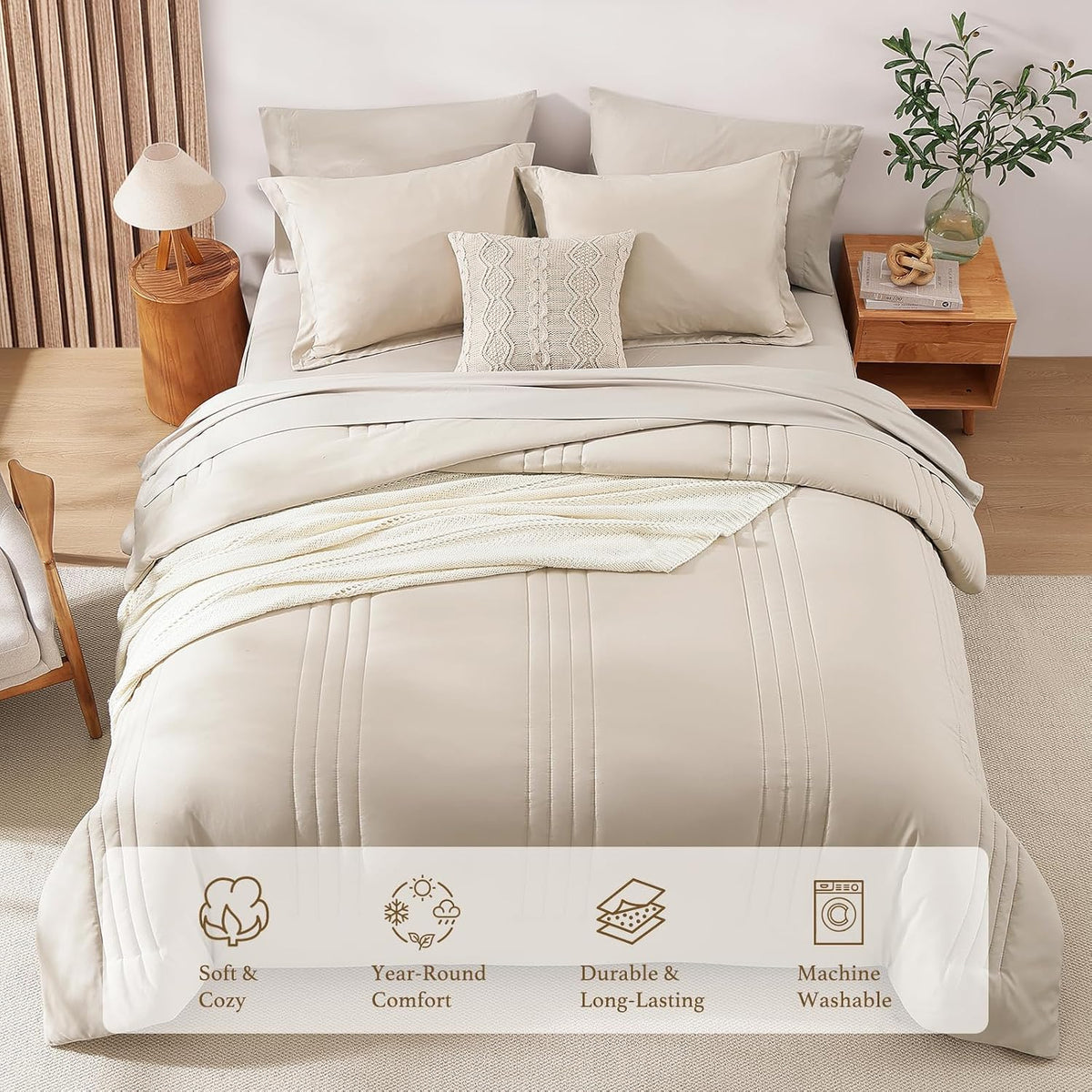 full size comforter sets-7 pieces beige soft bed, close-up detail