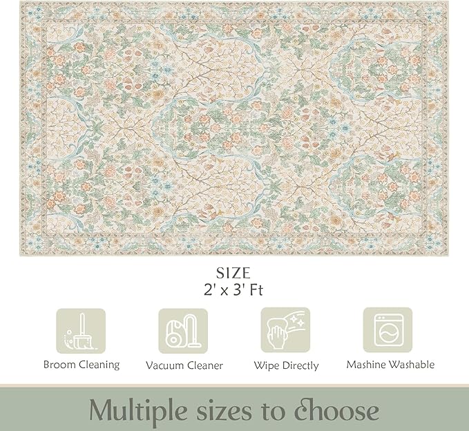 MUJOO 2x3 Washable Rug, Floral Small Area Rugs - Image 2