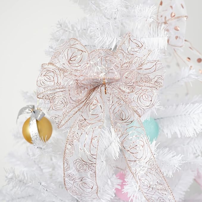 MEEDEE Floral 2.5 Inch Rose Gold Rose Wired Ribbon Wedding Bouquet Ribbons Rose - Image 6