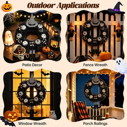 26" Halloween Wreath for Front Door with Hat, Legs, Pumpkins