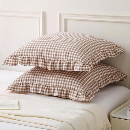 Aryeleay 2 Pack Khaki White Plaid Gingham Ruffle Pillow Shams, 100% Washed - Image 2