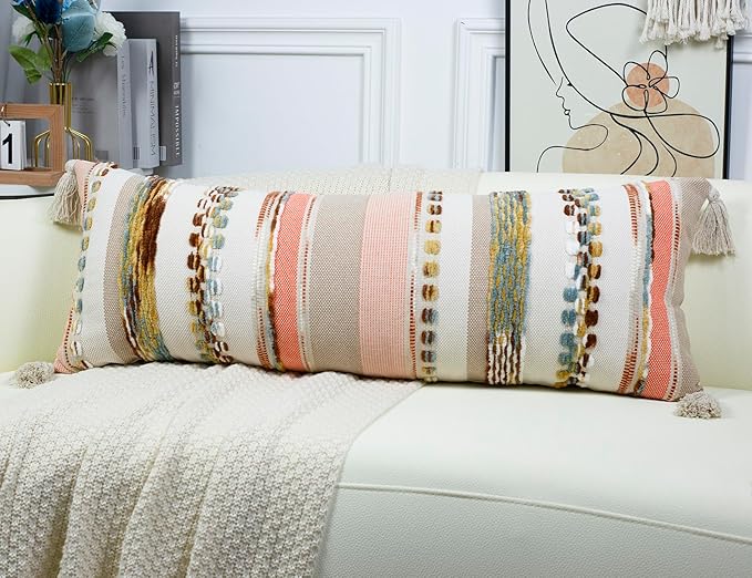 PANOD Boho Long Lumbar Throw Pillow Cover 16 x 36 Orange, Chenille Morocan - Image 3