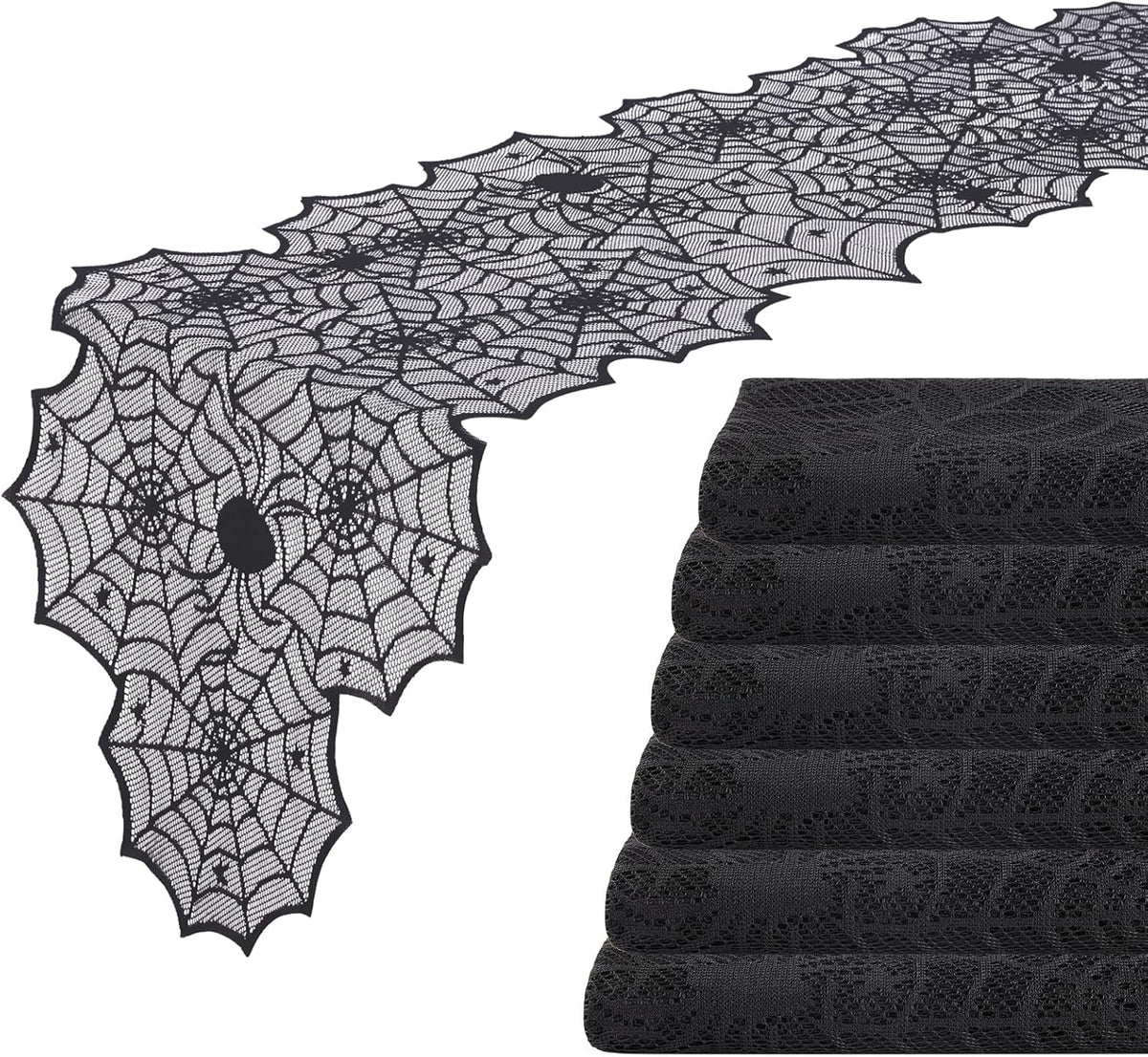 Halloween Table Runner 6 Pieces 18 x 72 Inch for Halloween Decor - Vivid Polyester Black Spider Web Lace Table Runner for Halloween Masquerade Party Dinner Table Decorations
