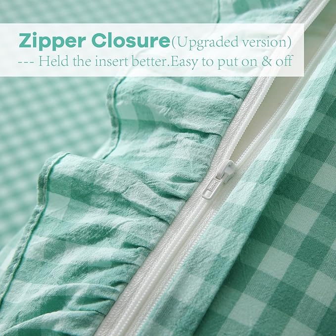 2 Pack Spa Blue White Plaid Ruffle Gingham Euro Pillow Sham Covers, 100% Washed - Image 4