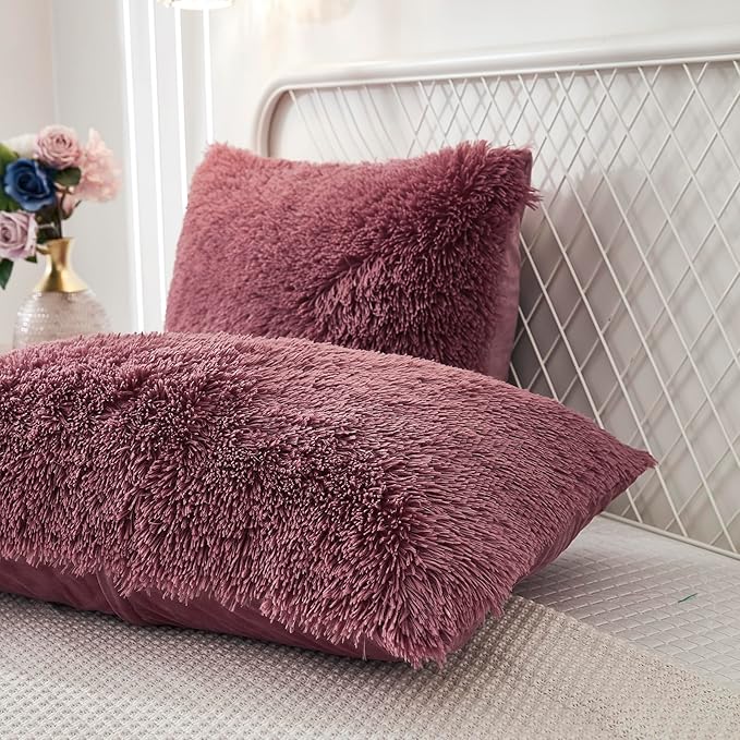Uhamho Set of 2 Pillowcases Faux Fur Throw Pillow Covers King Size Shams Soft - Image 3