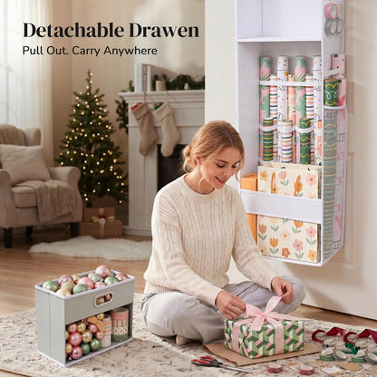 Ordovibe Wrapping Paper Storage Organizer, Over The Door Gift Wrap Holder with Removable Drawer & Side Mesh Pockets – Space Saving Closet Organizer for Christmas, Halloween, Birthday Rolls Supplies White