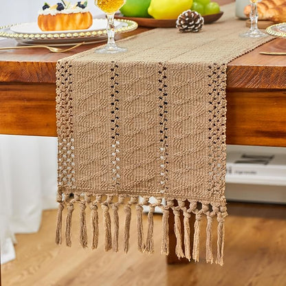 FEXIA Brown Table Runner Boho Fall Burlap Coffee - Image 7