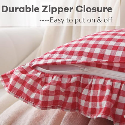 2 Pack Red White Plaid Ruffle Gingham Throw Pillow Covers, 100% Washed Cotton - Image 4