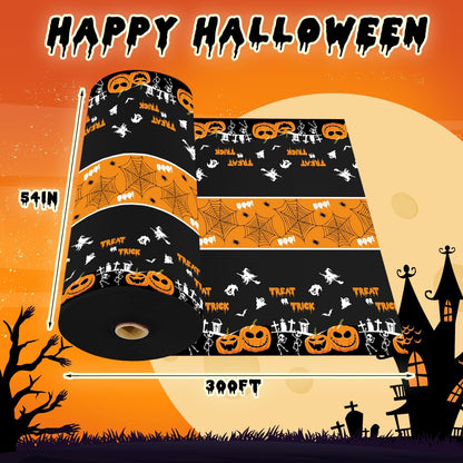 54 Inch X 300 Feet Plastic Table Cover Roll Disposable Halloween Tablecloth with Slide Cutter Pumpkin Ghost Plastic Table Covers for Halloween Party Decorations(Halloween Table Runner, 300Feet)
