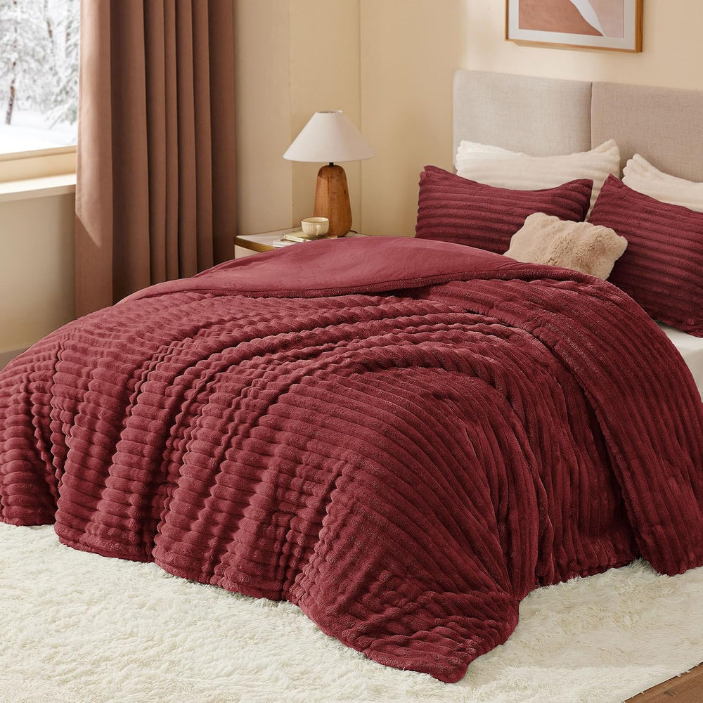 BEDELITE Fleece Queen Comforter Set, Fluffy Bed Set, Burgundy