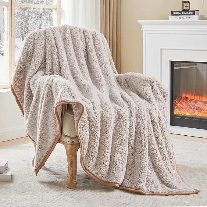 EMME Soft Sherpa Fleece Blanket Reversible Plush Fluffy Large Blanket, Light - Image 2
