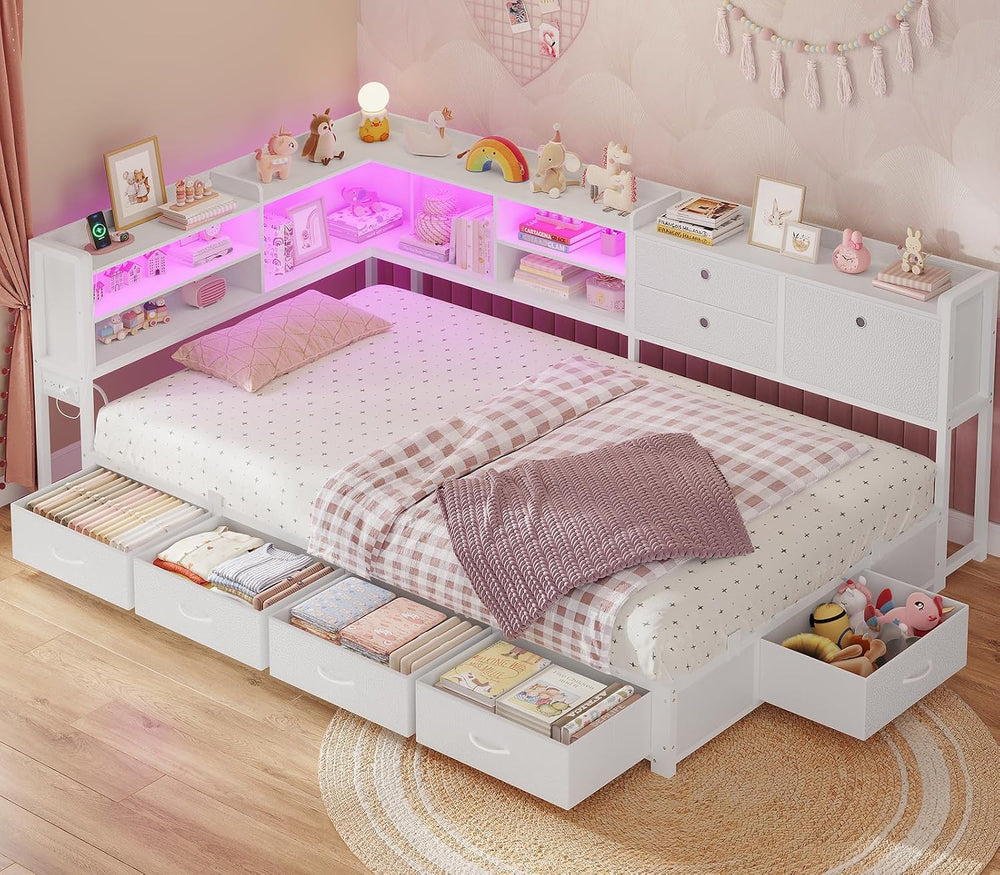 BTHFST Corner Bed Frame with Charging Station & Led Lights, White