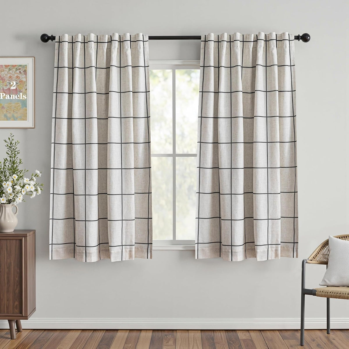 mysky home 100% blackout plaid linen curtains 63, front angle view