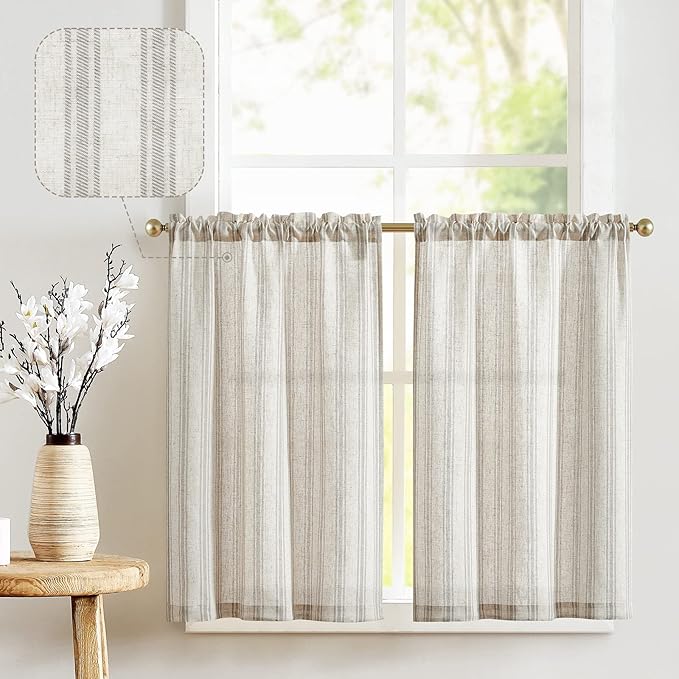 jinchan Gray Striped Linen Kitchen Curtains 24 Inch Cafe Tier Curtains Balanced by JINCHAN