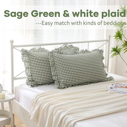 2 Pack Sage Green Gingham Ruffle Pillow Shams King Size, 100% Washed Cotton - Image 2