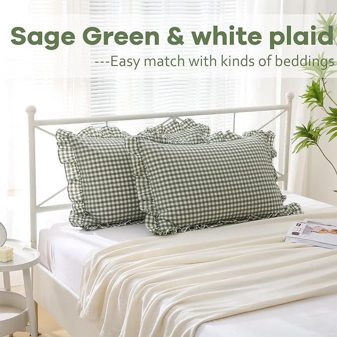 2 Pack Sage Green White Plaid Ruffle Pillow Shams Standard Size, 100% Washed - Image 2