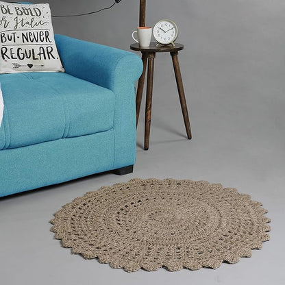 Ramanta Home Jute Handmade Natural Crochet Woven Rug 3 Feet Round, Anti- Slip - Image 3