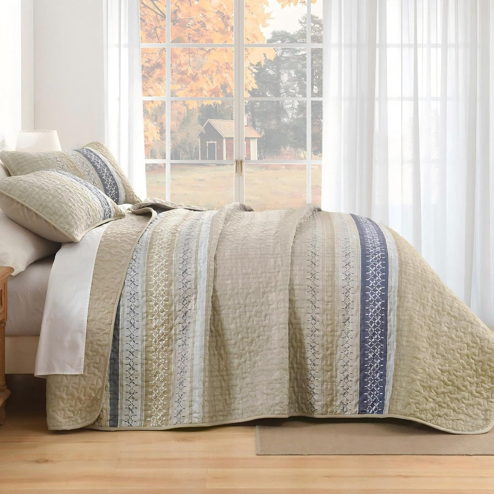 Cottolester Queen Quilt Bedding Set,Beige Blue Patchwork Striped Bedspread