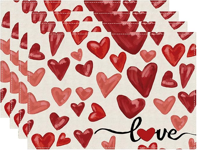 XCHI Watercolor Red Love Hearts Valentine’s Day Placemats Set of 4 Table Mats by XCHI