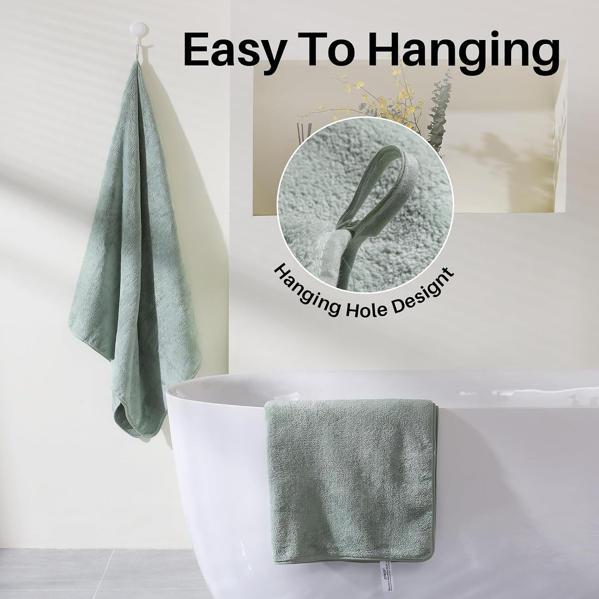 joymoop microfiber bath towels with hanging loop, 4 on a desk or shelf