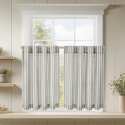 jinchan Striped Linen Kitchen Curtains 24 Inches Tier Curtains Farmhouse Modern by JINCHAN