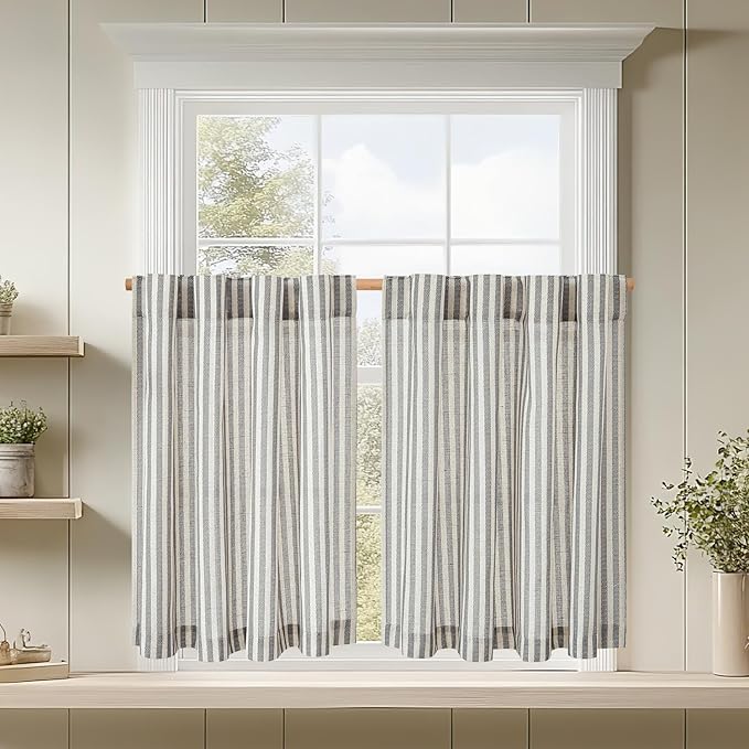 jinchan Striped Linen Kitchen Curtains 36 Inches Tier Curtains Farmhouse Modern by JINCHAN