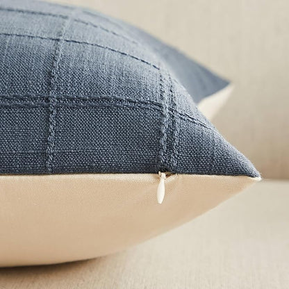 ZeeMart Linen Checked Throw Pillow Covers Set of 2, 24x24 Inch Navy/Cream - Image 3