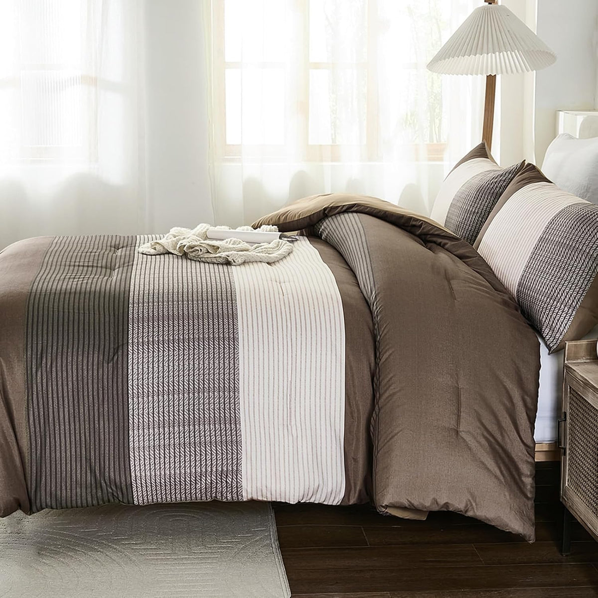 brown comforter set queen, reversible coffee brown patchwork showing dimensions