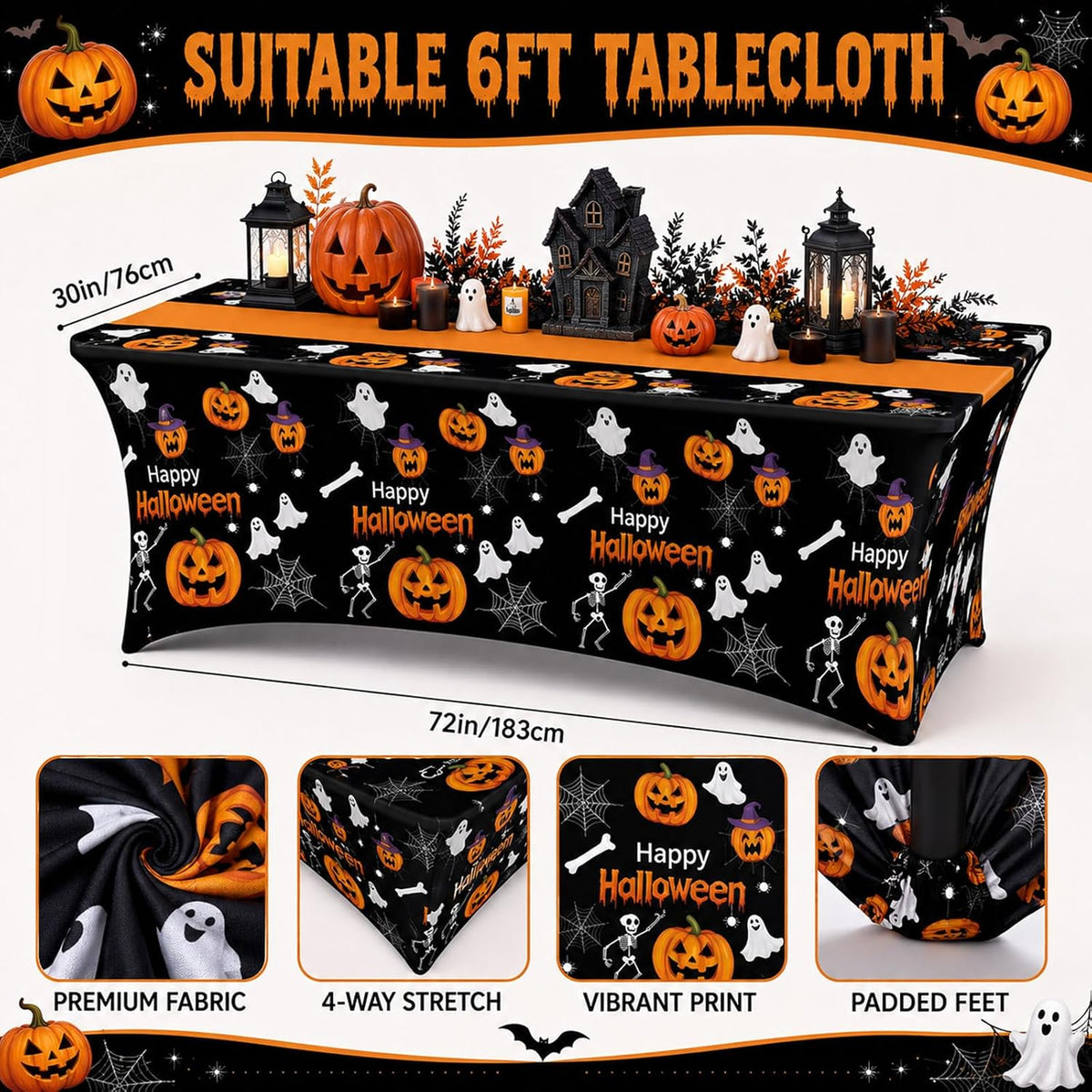 Moukeren 2 Pack Halloween Pumpkin Ghost Spandex Tablecloth 6ft Stretch Table Cloths Fitted Rectangular Table Cover Washable Spooky Skeleton Spider Web Cloth for Halloween Party Supplies Birthday Decor