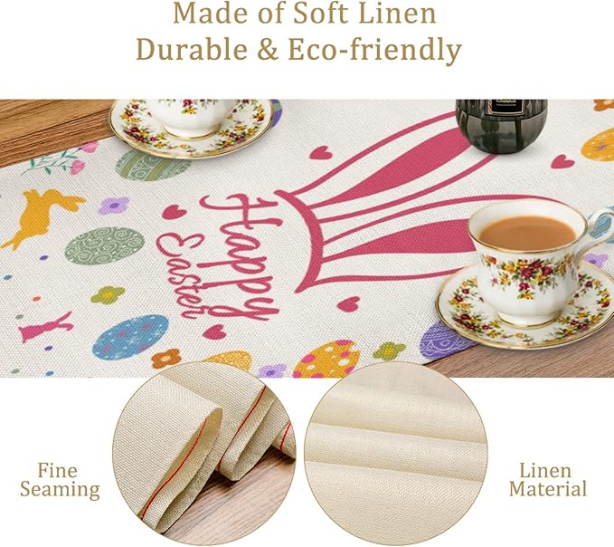 Happy Easter Table Runner, Easter Rabbits Linen Farmhouse Table Runners - Image 4