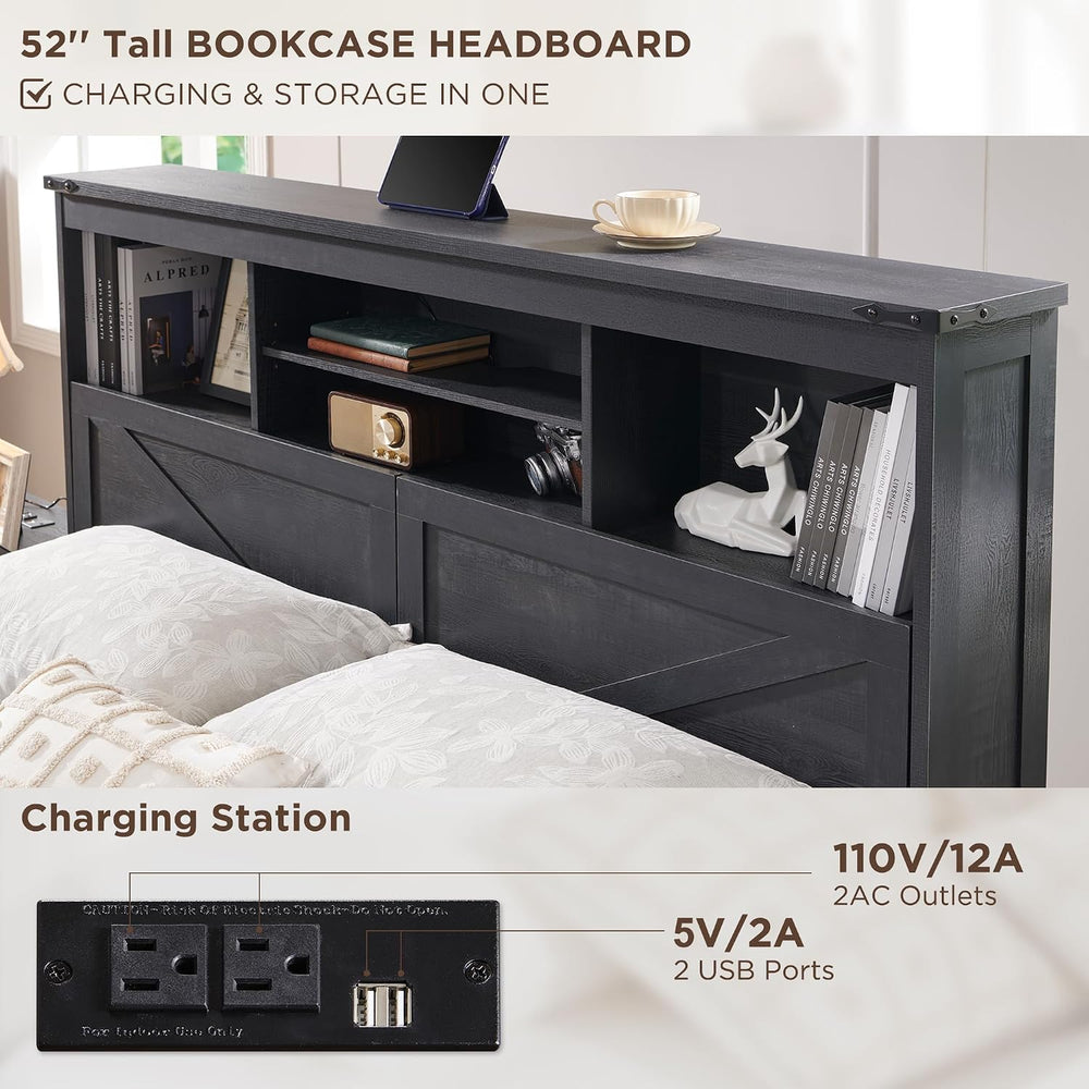 ACCOHOHO Farmhouse Queen Size Bed Frame with 52" High Storage Bookcase H...