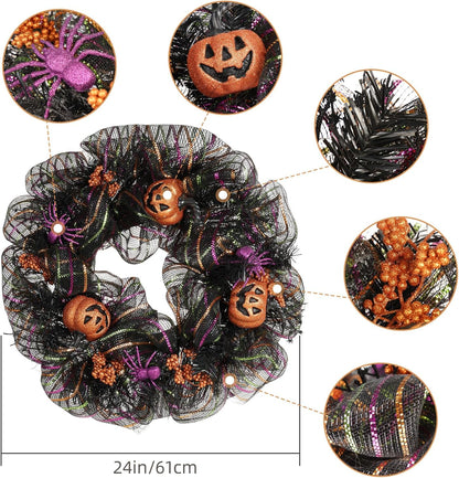 24 inch Wreath, Halloween Wreath for Front Door, Halloween Spider Decor Pumpkin Skull Wreaths, Wall, Window, Garden and Offices Decor. (Black)