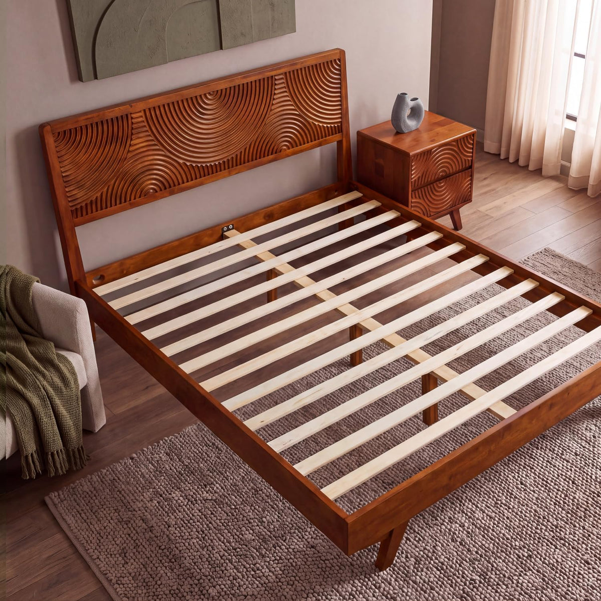 acacia harmony queen solid wood platform bed frame, front angle view